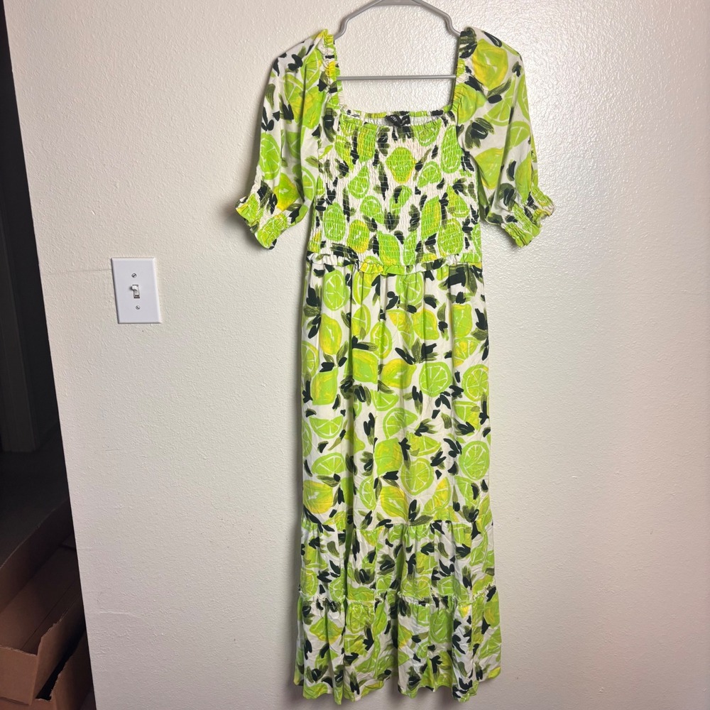 Steve Madden XS Sunny Lime Lemon Citrus Smocked Maxi Dress Puff Sleeve Resort